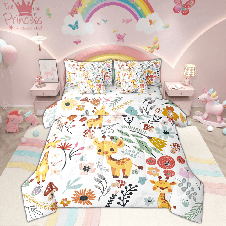 Kawaii Giraffe Comforter Set 7 Piece Bed in a Bag Twin,Mushroom Floral Cartoon Animal Bedding Sets Watercolor Flowers Leaves Sheet Set with Comforter