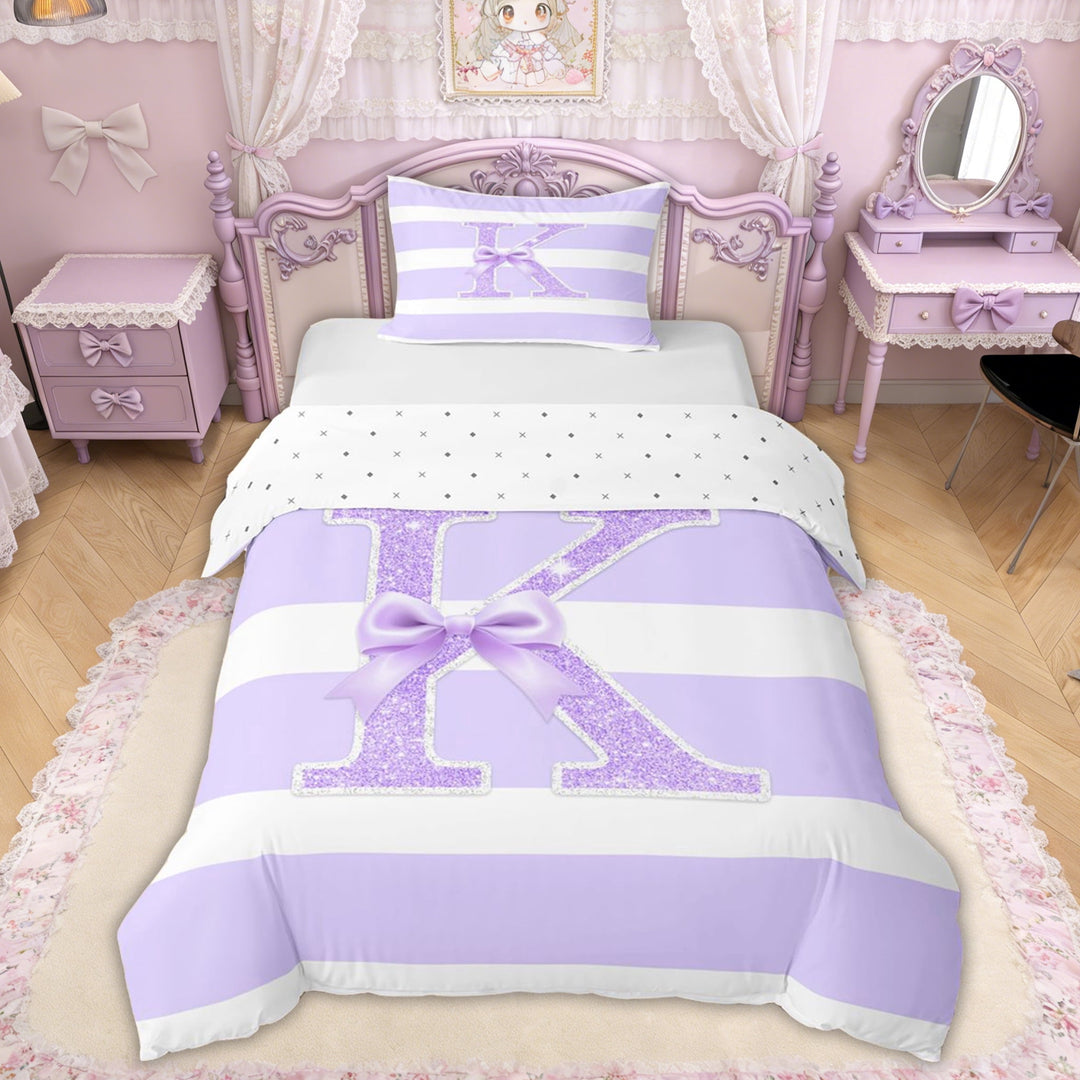 Erosebridal Glitter Print Bow Letter K Twin Bedding for Girls, Purple Stripes Ribbon Duvet Cover Set, Reversible, 1 Duvet Cover and 1 Pillowcase (No Comforter)
