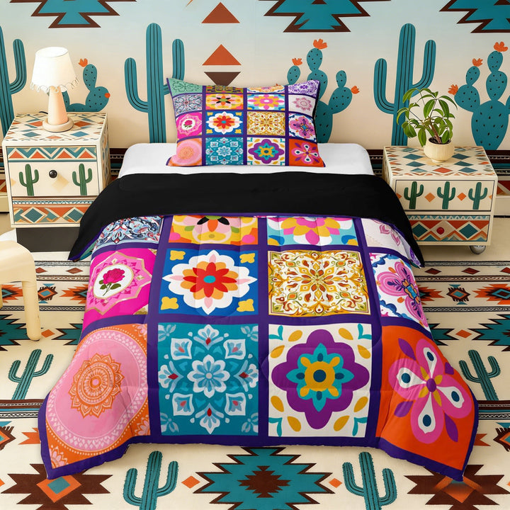 Erosebridal Colorful Mandala Twin Comforter Sets for Girls, Bohemian Patchwork Bedding Set, Black Reversible 2 Pieces, 1 Comforter and 1 Pillowcase