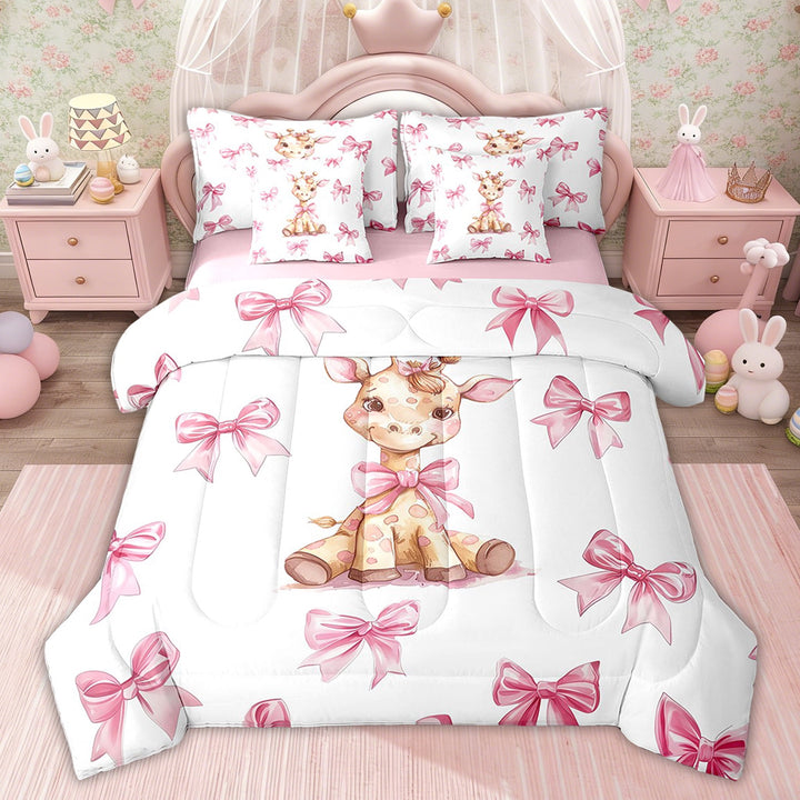 Erosebridal Cute Giraffe Comforter Sets Twin Size for Kids, Bowknot Bedding Comforter Set, Cartoon Animal Room Decor, Pink Reversible 7pcs