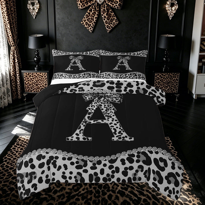 Meiyoeat Leopard Print Bow Diamond King Size Comforter Sets for Women Kids, Fashion Ribbon A Letter Bedding Sets, Black Reversible, 3pcs
