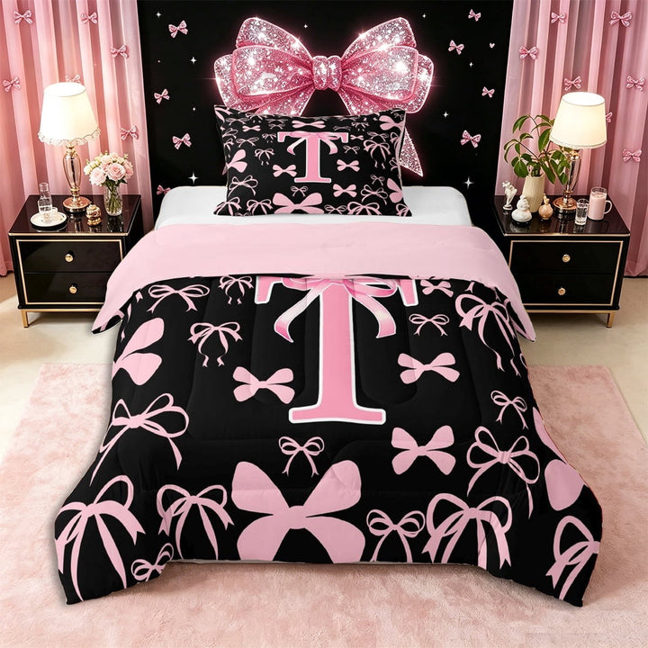 Erosebridal Pink Personalized Initial T Twin Comforter Sets 3-Piece,Cartoon Dreamy Bow Knot Bedding Set,Pink Reversible,Lightweight Room Decor