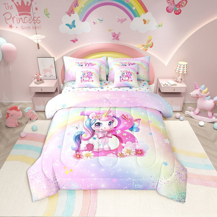 Erosebridal Pink Unicorn Bedding Sets Twin Size, Initial B Letter Comforter Sets with Sheets, Flower Decor, Reversible 7 Pieces