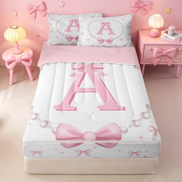 meiyoeat Bow Letter Print A Zipper Twin Comforter Sets with Fitted Sheet and 2 Pillowcases For Girls,Girly Pink Bowknot Zipper Bedding Set For Kids,Pink Reversible,4 Pieces
