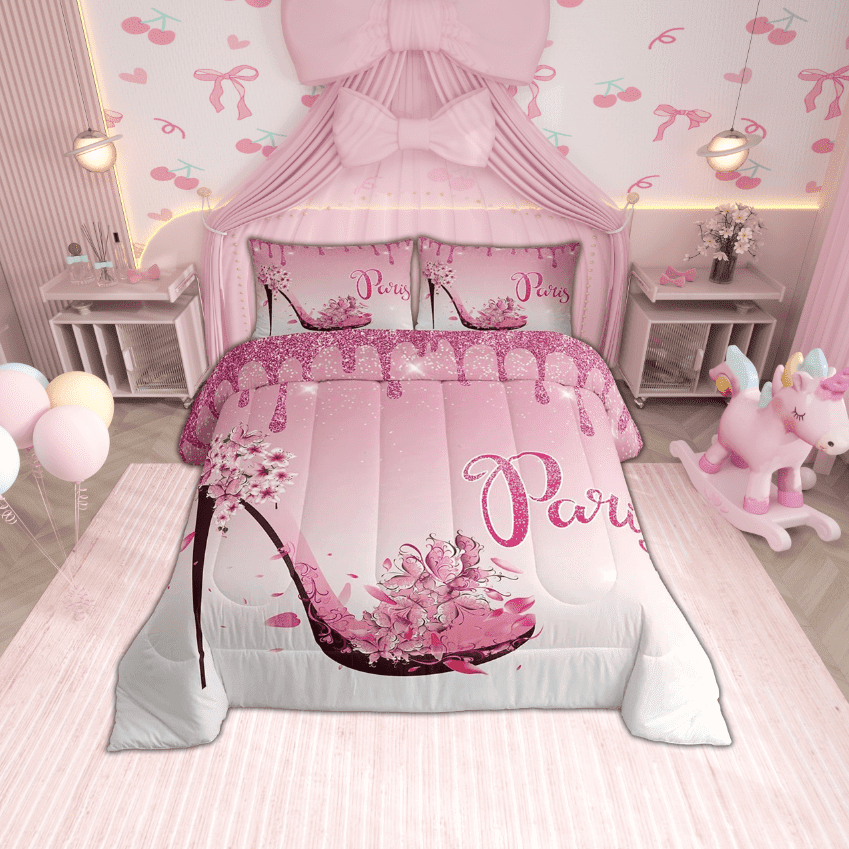 Erosebridal Pink Paris Bedding Set Paris Bedroom Comforter Set Full Size Cherry Blossom High Heels Decor Quilt Set Women Romantic Aesthetics 1 Comforter And 2 Pillow Cases
