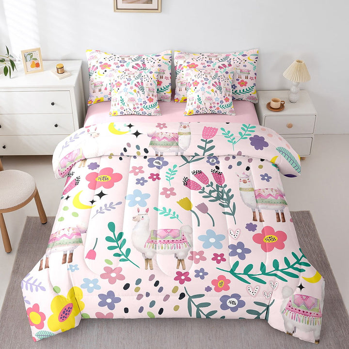Twin Comforter Set- 7 Pieces Floral Alpaca Bedding Sets Twin Bed in a Bag with Reversible Kawaii Llama Comforter, Sheets, Pillowcases &amp; Shams