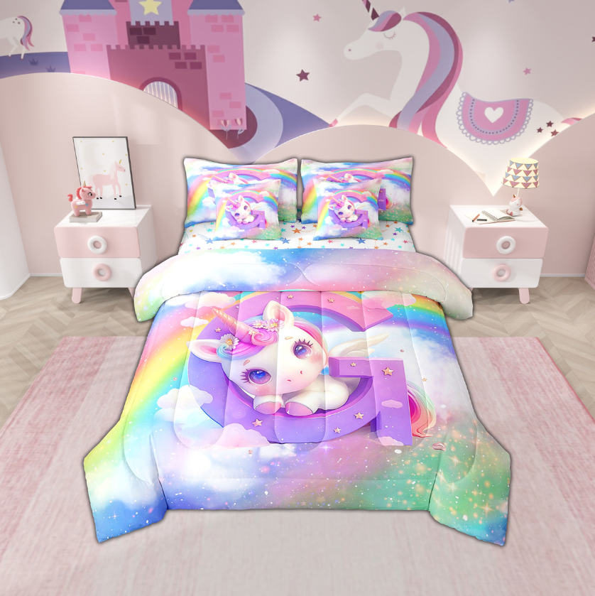 Erosebridal Cartoon Unicorn Bedding Twin Size, Glitter Rainbow Bed Set, Monogrammed G Reversible Bedding Sets Twin Size, Breathable Room Decor, 7-Piece