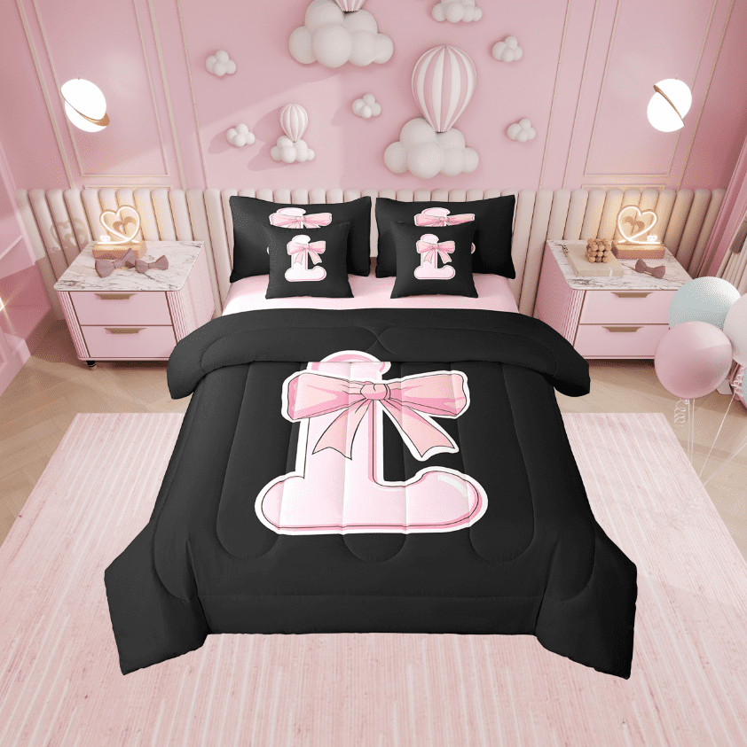 Erosebridal Pink Initial L Bedding Sets Twin Size, Kawaii Bow Comforter Sets with Sheets, Princess Style Reversible Bed Set, Super Cozy Bedroom Decor, 7 Pieces