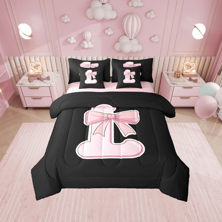 Erosebridal Pink Initial L Bedding Sets Twin Size, Kawaii Bow Comforter Sets with Sheets, Princess Style Reversible Bed Set, Super Cozy Bedroom Decor, 7 Pieces