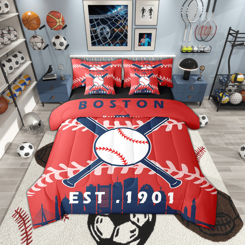 7 Pcs Comforter Set Twin Size,Baseball Fans Bed in a Bag with Flat Sheet and Fitted Sheet and Adults,Baseball Team Bedding Set with Pillowcase and Sham(Boston)