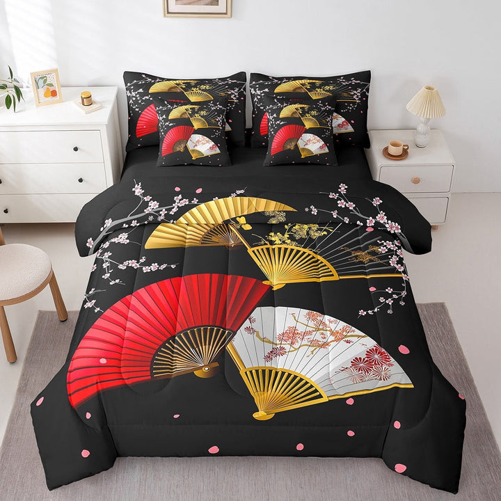 Erosebridal Oriental Exotic Fans Bed in a Bag Queen Size, Japanese Style Bed Set, Reversible 7 Pieces