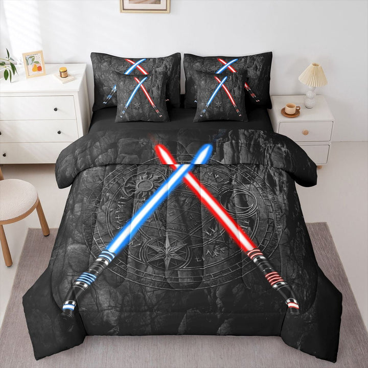 Erosebridal Lightning 7Pcs Comforter Set Full Size 3D Neon Blue Red Bedding Set Geometric Sun Moon Round Fitted + Flat Sheet Teens Room Decor Fashion Vintage Stone Wall 2 Pillow Cover,Black