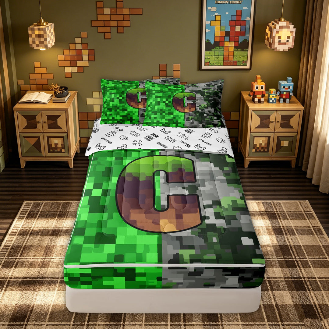 meiyoeat Pixel Grass C Initial Zipper Comforter Set with Fitted Sheet and 2 Pillowcases for Boys, Gamer Block Monogram Zipper Bedding Set, Green Brown, Gamepad Reversible, 3 Pieces