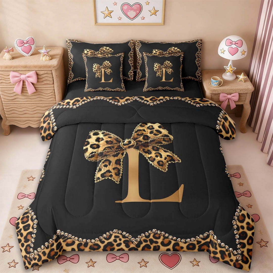 Erosebridal Leopard Print Bows Kids 7-Piece Twin Bedding Sets,Cheetah Pattern L Alphabet Bedding Comforter Set For Girls Women,Reversible black
