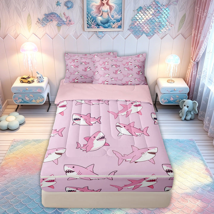 meiyoeat Girly Pink Shark Zipper Full Size Comforter Sets with Fitted Sheet and 2 Pillowcases for Kids Boys Girls, Kawaii Ocean Animal Zipper Bedding Set, Pink Reversible, 4pcs