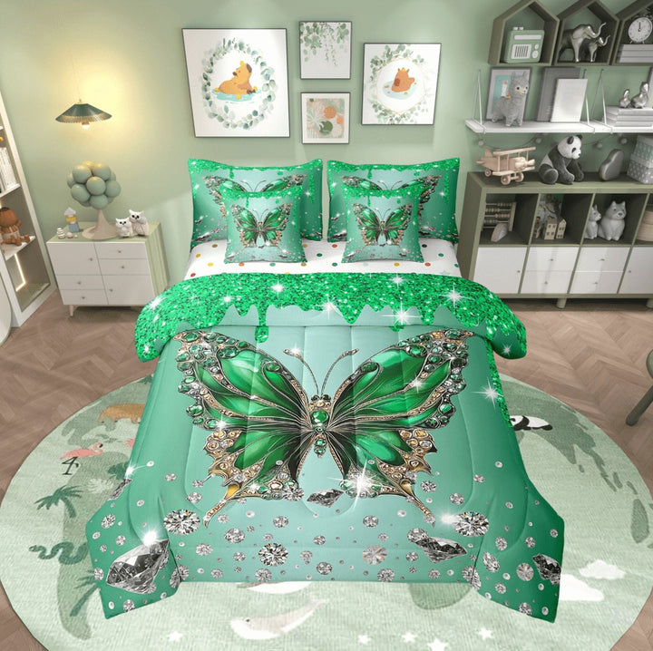 Butterfly Comforter Set 7 Piece Bed in a Bag Twin,Green Sequin Fluid Art Comforter and Sheet Set,Crystal Diamond Bedding Set,Rustic Aesthetic Animal Bed Set Dreamy Butterflies Room Decor