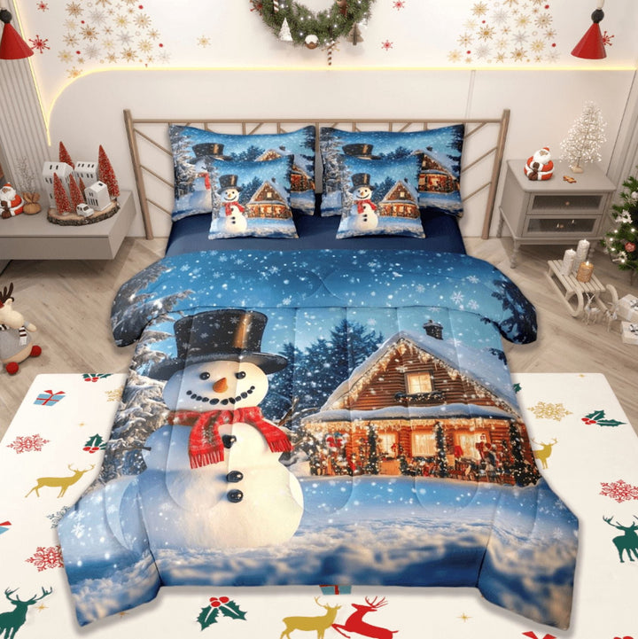 Manfei Cute Xmas Snowmen 7-Piece Bedding Comforter Set,Merry Christmas King Bedding Sets,Happy New Year Bed Sheets For Child,Microfiber Bedroom Decor Reversible