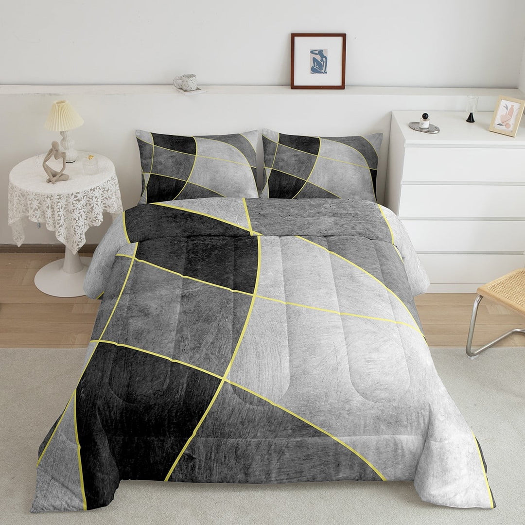 Erosebridal Modern Geometric Down Comforter King Grunge Black White Grey Geometry Bedding Set For Teen Men Abstract Gold Lines Comforter Set Irregular Graphic Quilt Duvet Insert 2 Pillow Cases
