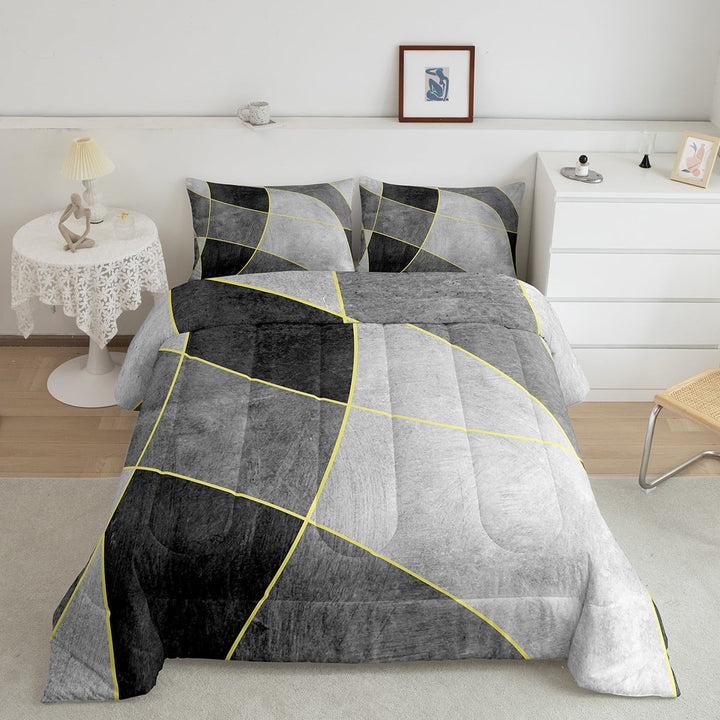 Erosebridal Modern Geometric Down Comforter King Grunge Black White Grey Geometry Bedding Set For Teen Men Abstract Gold Lines Comforter Set Irregular Graphic Quilt Duvet Insert 2 Pillow Cases