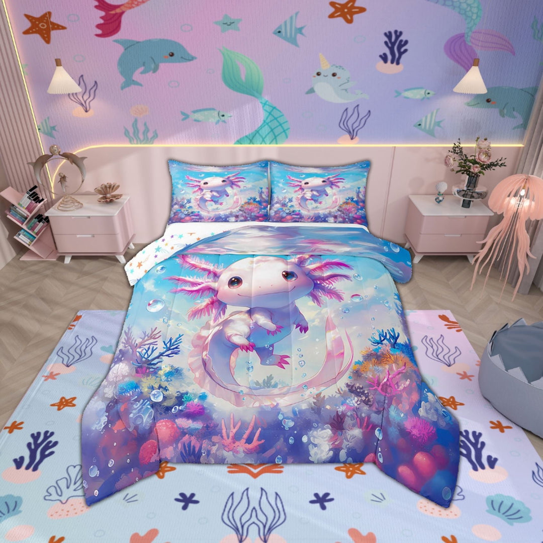 Erosebridal Animal Axolotl Bedding Twin Comforter Set,Dreamy Princess Down Comforter,Underwater World Bedding Sets Twin With Comforter,Ultra Soft Cartoon Room Decoration,Reversible,2-Piece