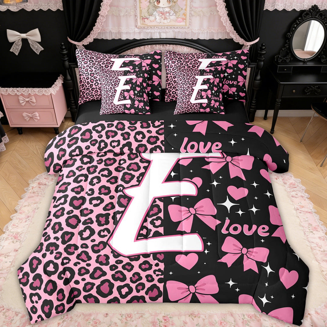 Erosebridal Leopard Print Letter E Bedding Comforter Set for Girls, Pink Initial Ribbon Full Bedding Set, Black Reversible, 7-Piece
