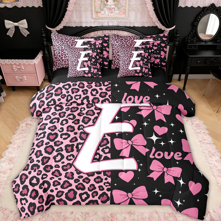 Erosebridal Leopard Print Letter E Bedding Comforter Set for Girls, Pink Initial Ribbon Full Bedding Set, Black Reversible, 7-Piece