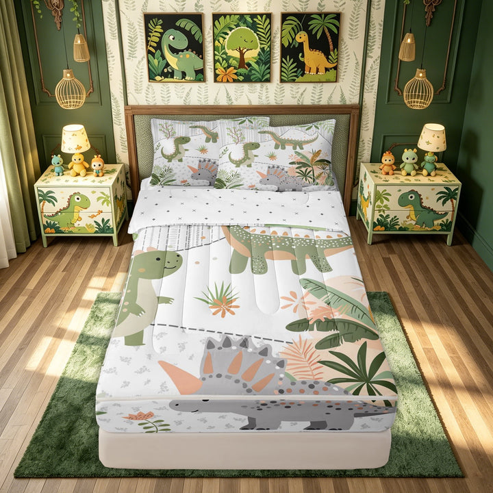 meiyoeat Cute Dinosaur Animal Zipper Twin Comforter Sets with Fitted Sheet and 2 Pillowcases for Kids Boys, Cartoon Jungle Leaf Zipper Bedding Set, Green White, ReversibleB