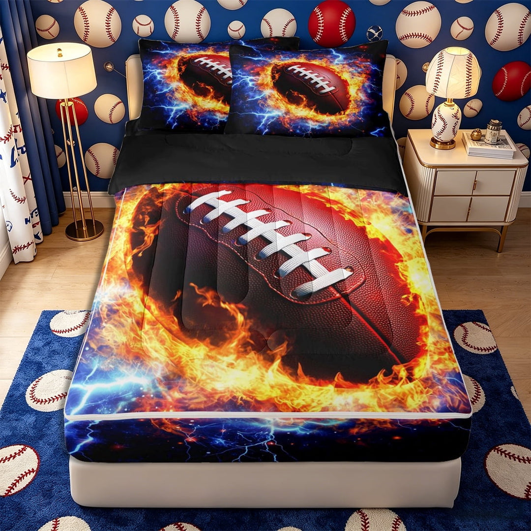 Meiyoeat Fiery Football Zipper Twin Comforter Sets with Fitted Sheet and 2 Pillowcases for Sports Fans, Lightning Print Zipper Bedding Set, Black Red Blue,4-Piece,Black Reversible