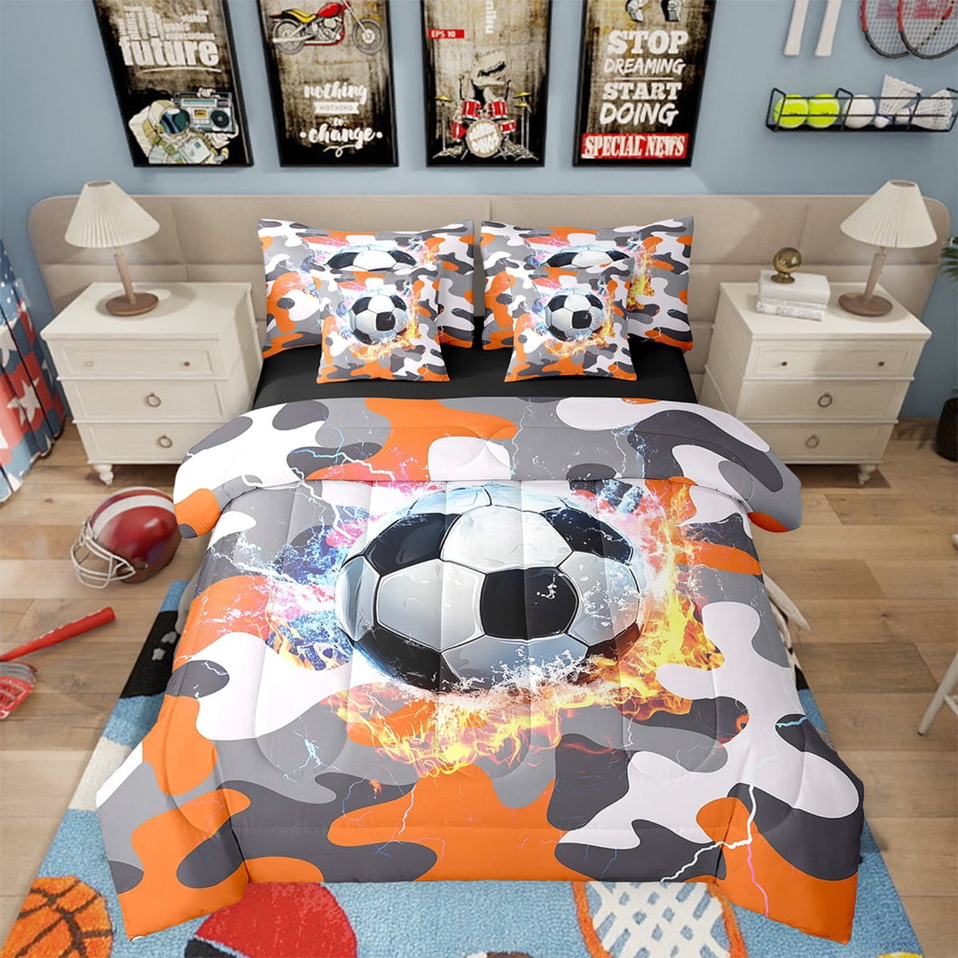 Camo Soccer Comforter Set Bed In A Bag Full Size 7 Piece Football Sports Games Bedding Set (1 Comforter, 1 Flat Sheet, 1 Fitted Sheet, 2 Pillowcase, 2 Throw Pillow Covers)