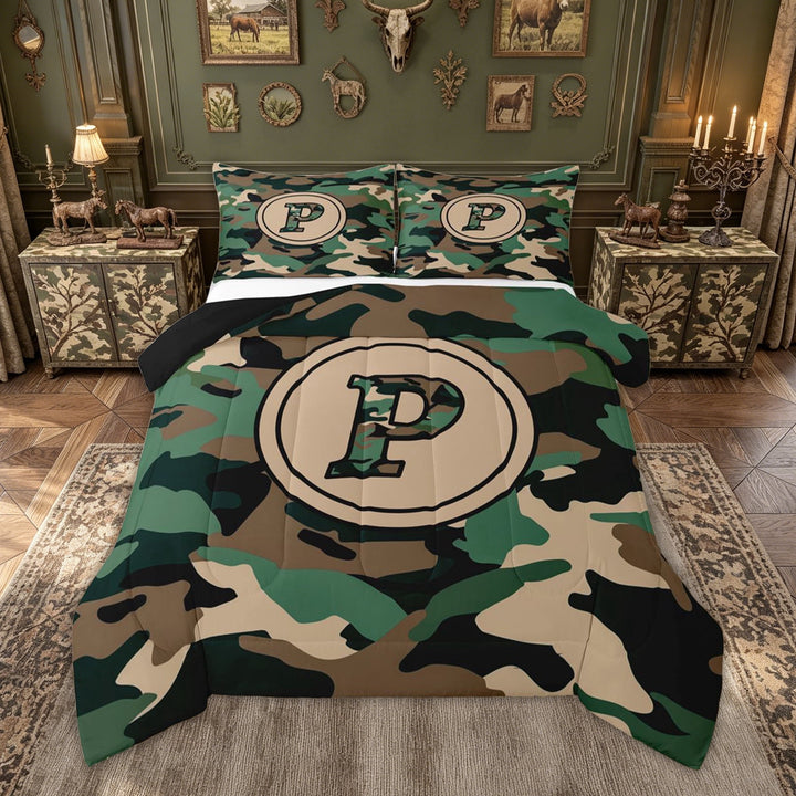 meiyoeat Camo Letter P Full Size Comforter Sets for Kids, Vintage Camouflage Bedding Comforter Set for Bedroom, Green, Black Reversible, 3-Piece, 1 Comforter and 2 Pillowcases