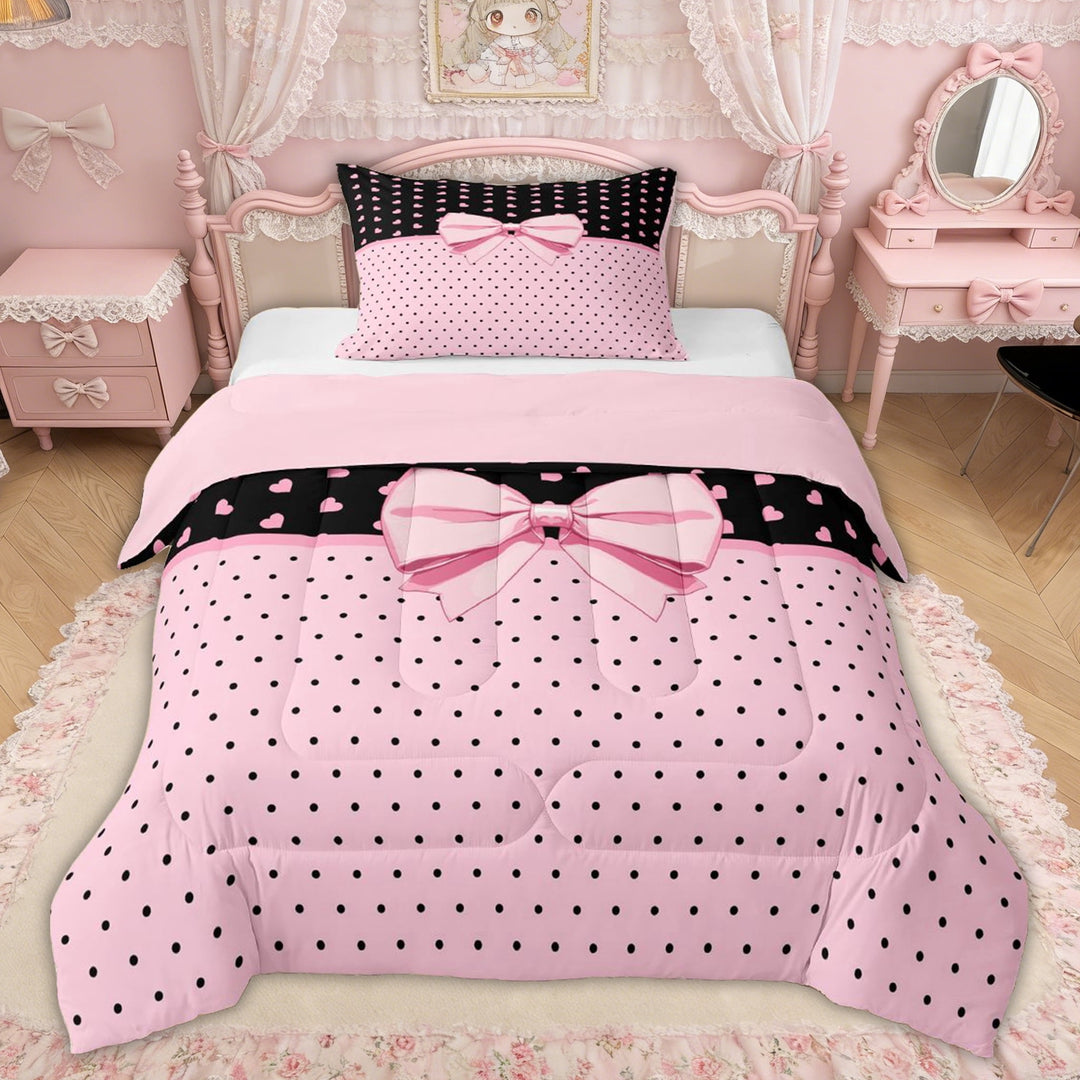 Erosebridal Pink Black Heart Bow Polka Dot Twin Comforter Sets, Cute Bedding Set for Girls Kids Teens, Pink Reversible, 2-Piece