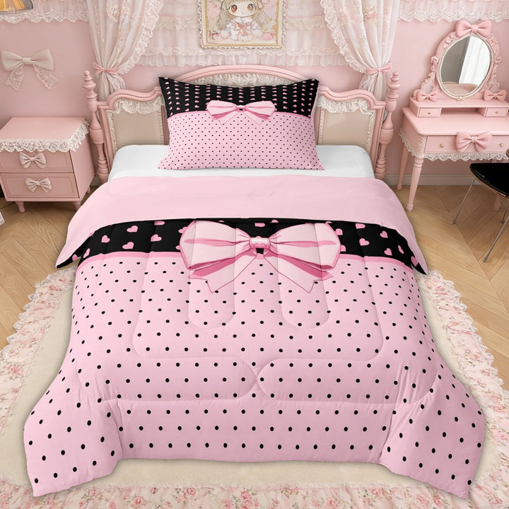 Erosebridal Pink Black Heart Bow Polka Dot Twin Comforter Sets, Cute Bedding Set for Girls Kids Teens, Pink Reversible, 2-Piece