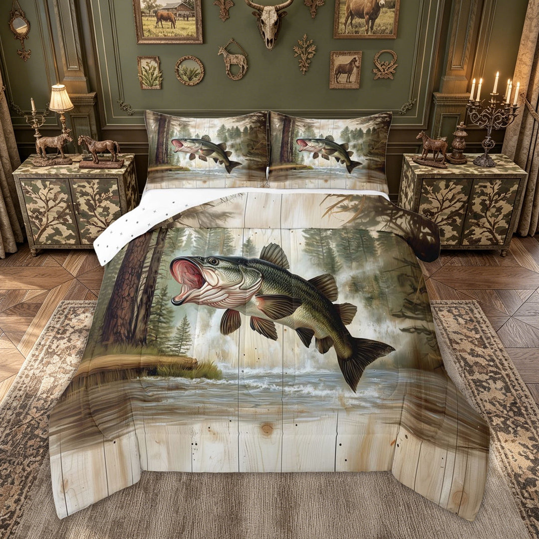 meiyoeat Hunting Bass Fish Animal Full Size Comforter Sets for Men Boys, Retro Lake House Bedding Comforter Set, Green Brown, Reversible, 3-Piece, 1 Comforter and 2 Pillowcases