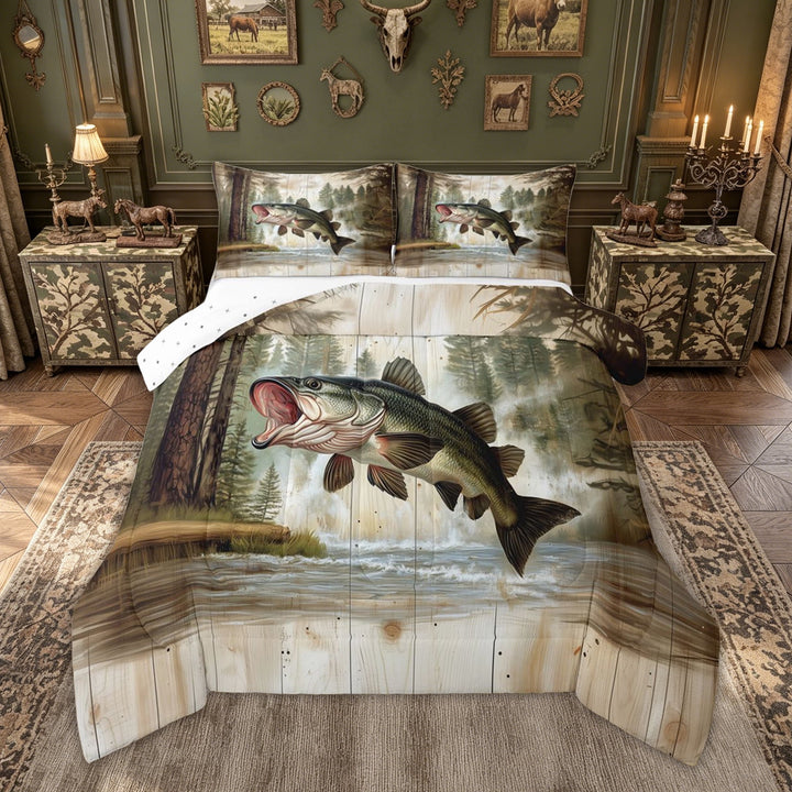 meiyoeat Hunting Bass Fish Animal Full Size Comforter Sets for Men Boys, Retro Lake House Bedding Comforter Set, Green Brown, Reversible, 3-Piece, 1 Comforter and 2 Pillowcases