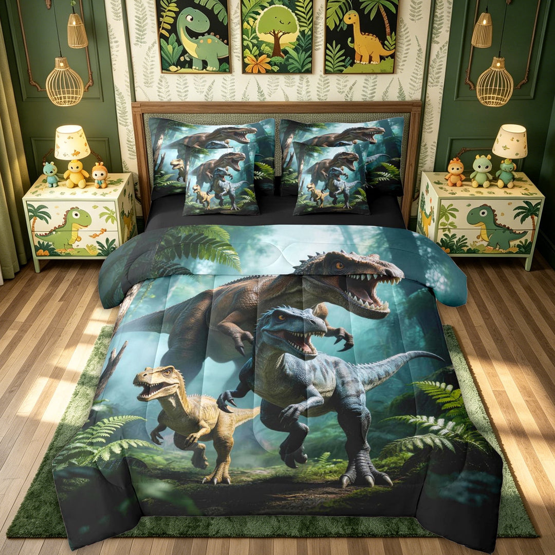 meiyoeat Jungle Dino Wildlife Full Size Bedding Sets for Boys Kids Men, Dinosaur Family Full Size Bed in a Bag, Green, Black Reversible, 7 Pieces