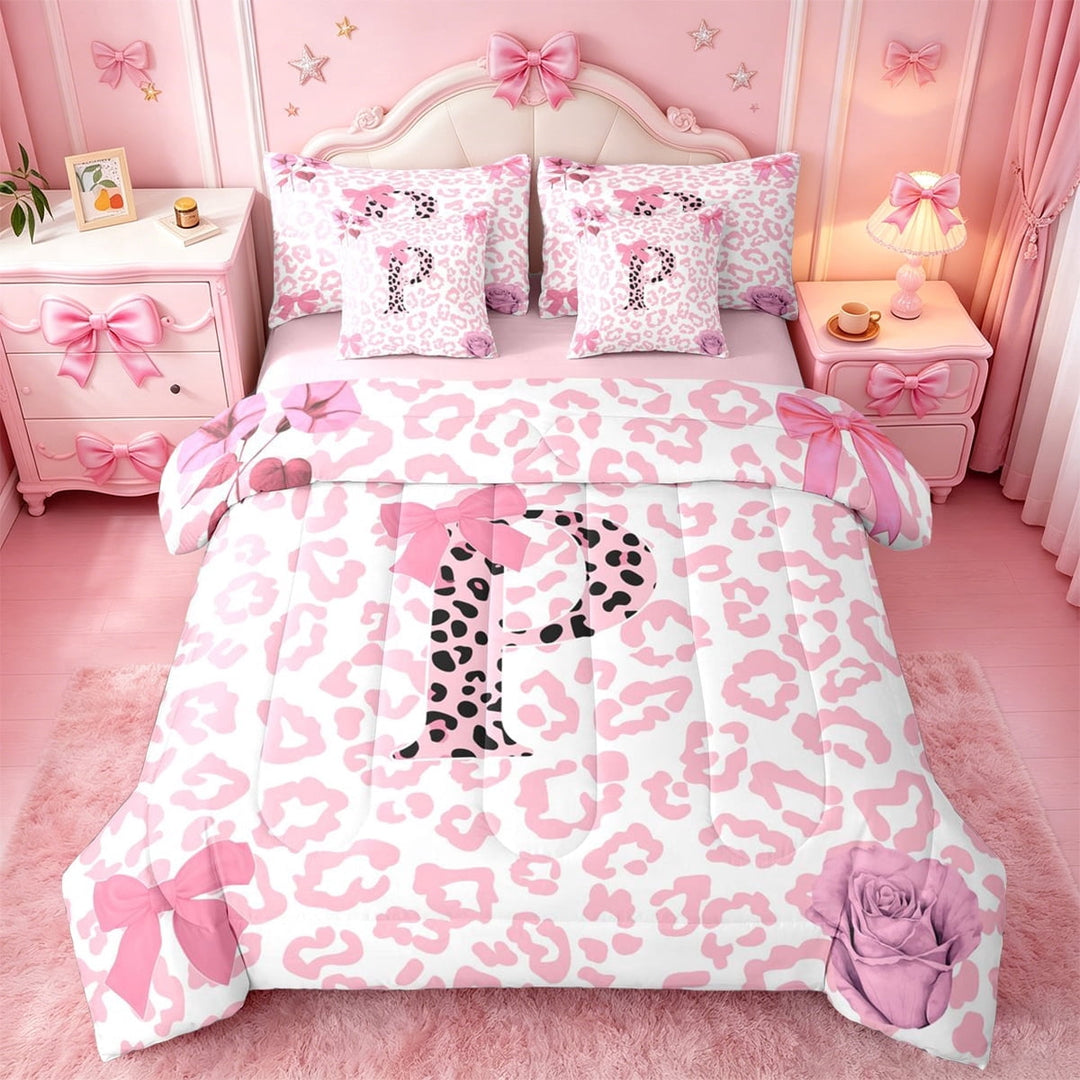 Erosebridal Wildlife Cheetah Print 7-Piece Twin Bedding Sets For Kids Girls,Chic Leopard Letter P Initial Bedding Comforter Set,Pink Reversible