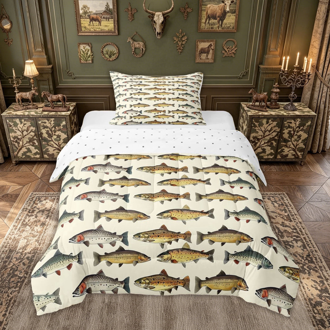 meiyoeat Watercolor Spotted Fish Full Size Comforter Sets for Men, Natural Lake Outdoor Fishing Bedding Comforter Set, Brown Green, Reversible, 3-Piece, 1 Comforter and 2 Pillowcases