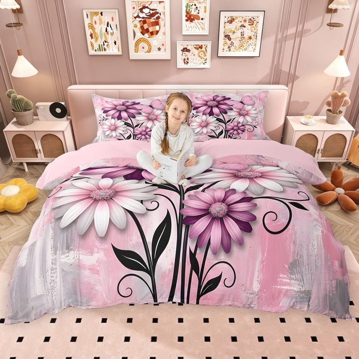 Erosebridal Pink Daisy Duvet Cover Set for Girls, Watercolor Ombre Bedding Full, Pink Reversible, 3pcs 1 Duvet Cover and 2 Pillowcases, No Comforter