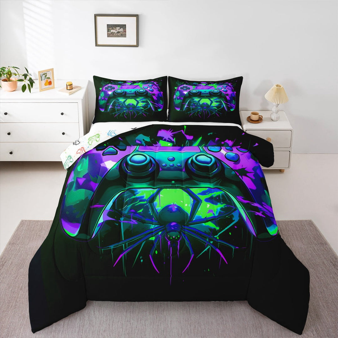 Gaming Full Size Comforter Sets - Gamer Comforter Full Size Bedding Set, Gothic Halloween Spiders Purple Green Gamer Room Decor