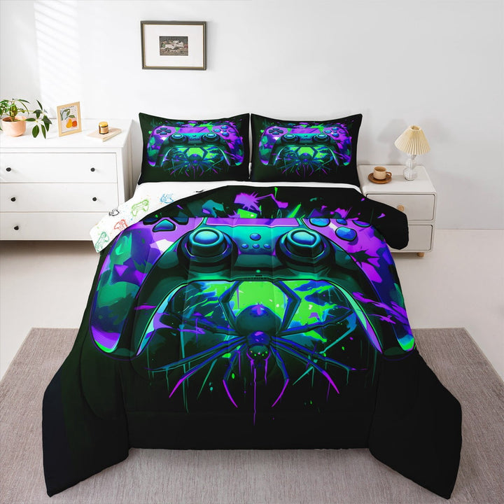 Gaming Full Size Comforter Sets - Gamer Comforter Full Size Bedding Set, Gothic Halloween Spiders Purple Green Gamer Room Decor