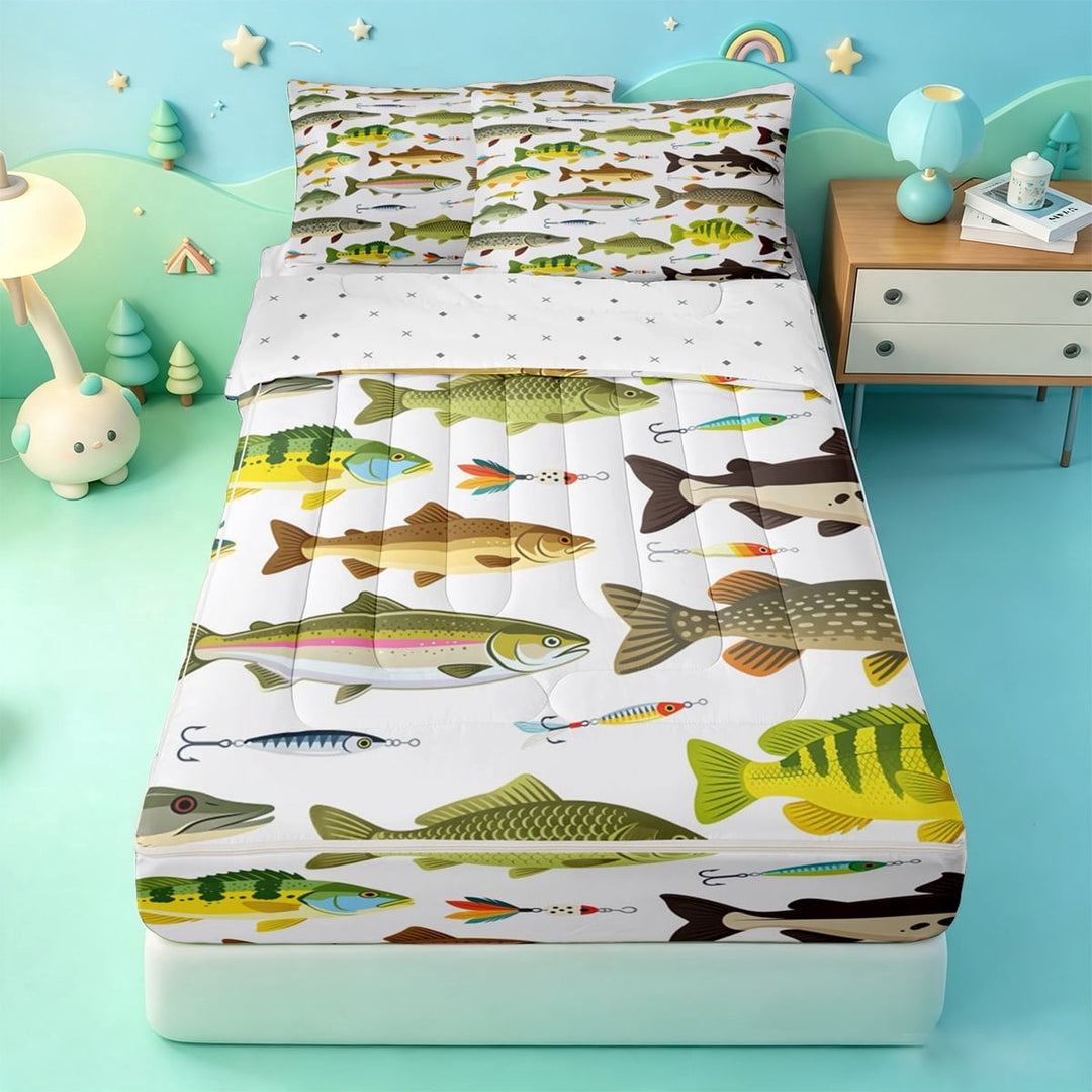 meiyoeat Rustic Pike Fish Zipper Twin Comforter Sets with Fitted Sheet and 2 Pillowcases,Cartoon Bass Fish Zipper Bedding Set For Boys,Multicolor,Reversible,4pcs
