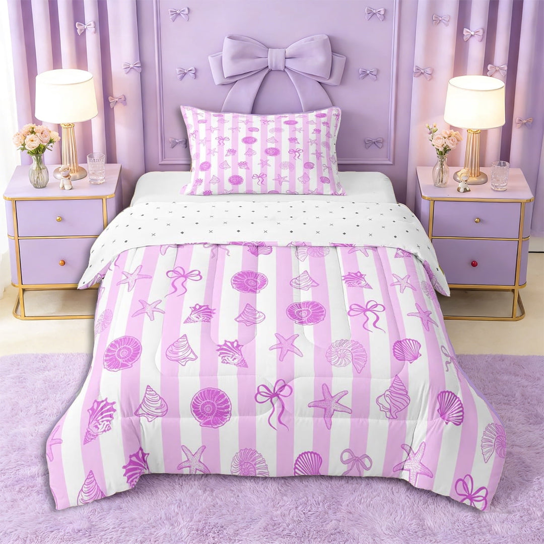 Erosebridal Kawaii Seashell Bowknot Twin Comforter Sets 3-Piece for Kids Girls,Teens Sea Theme Stripes Bedding Set,Breathable Home Decor