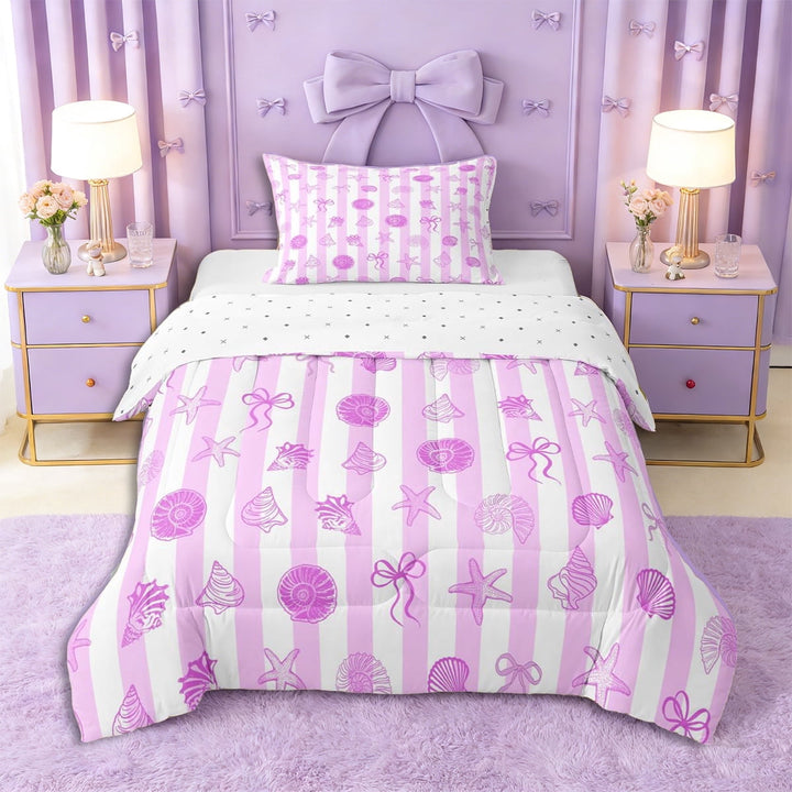 Erosebridal Kawaii Seashell Bowknot Twin Comforter Sets 3-Piece for Kids Girls,Teens Sea Theme Stripes Bedding Set,Breathable Home Decor