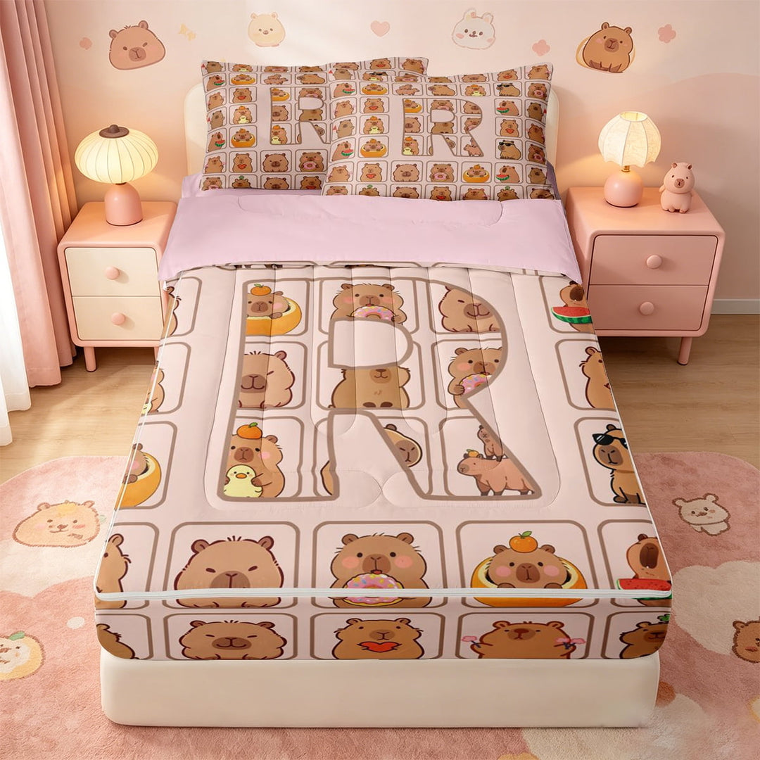 meiyoeat meiyoeat Girl Personalized Gifts Zipper Full Size Comforter Sets with Fitted Sheet and 2 Pillowcases,Capybara Letter Print R Zipper Bedding Set,Pink Reversible,4 Pieces