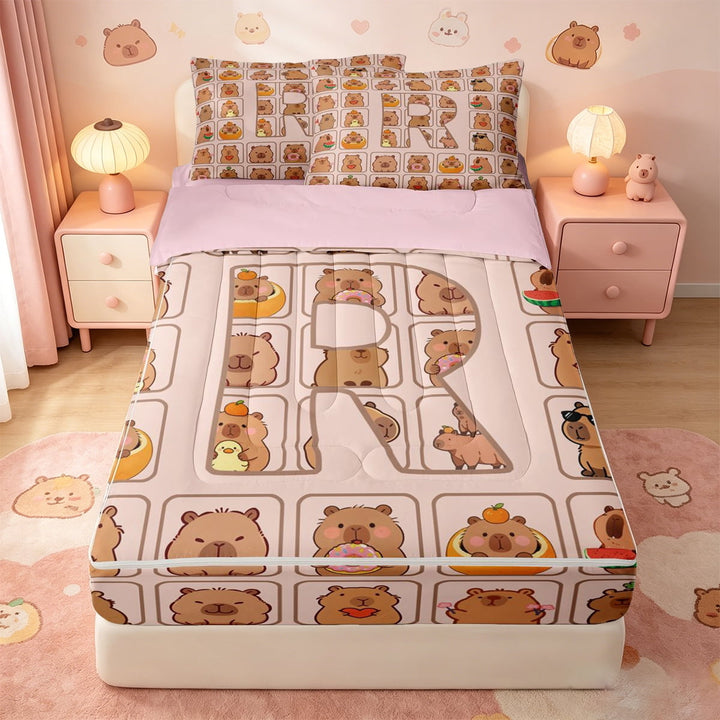 meiyoeat meiyoeat Girl Personalized Gifts Zipper Full Size Comforter Sets with Fitted Sheet and 2 Pillowcases,Capybara Letter Print R Zipper Bedding Set,Pink Reversible,4 Pieces