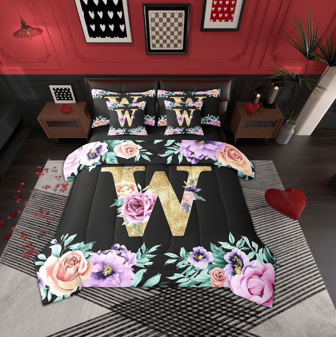 Erosebridal Initial W Letter Bed in a Bag, Princess Rose Bed Set, Gold Monogrammed Reversible Comforter Sets, Breathable Room Decorative, 7pcs