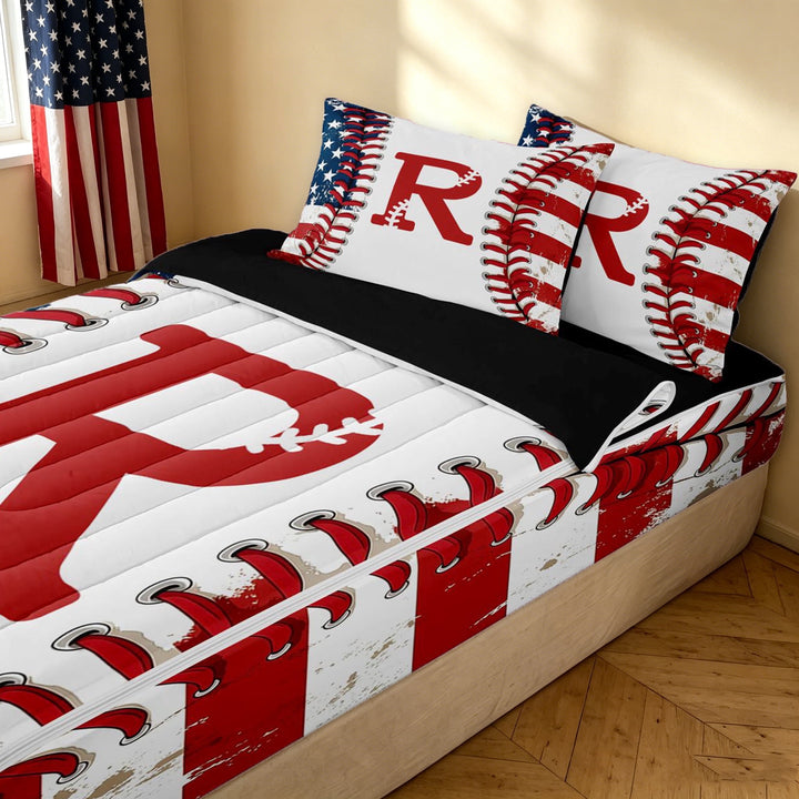 meiyoeat Patriotic USA Flag Zipper Twin Comforter Sets with Fitted Sheet and 2 Pillowcases for Boys, Baseball Letter R Print Zipper Bedding Set, Black Reversible, 4pcs