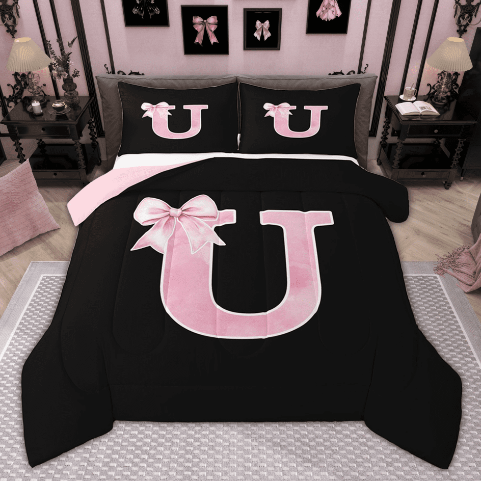 Manfei Cute Girls Bowknot Bowtie Bedding Comforter Set, Monogrammed Twin Comforter Sets, Personalized Letter U Bedding Set, Lightweight Bedroom Decor, Reversible 2-Piece