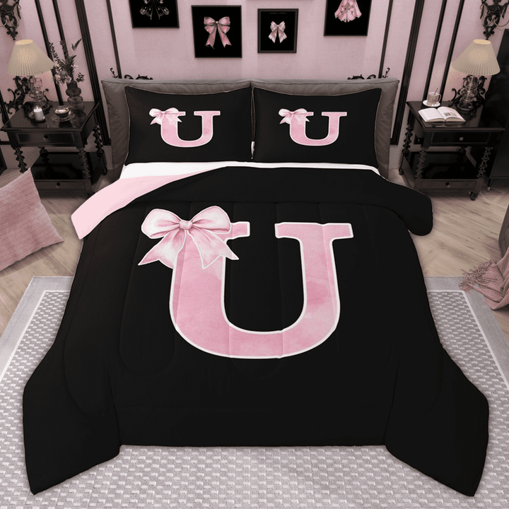 Manfei Cute Girls Bowknot Bowtie Bedding Comforter Set, Monogrammed Twin Comforter Sets, Personalized Letter U Bedding Set, Lightweight Bedroom Decor, Reversible 2-Piece