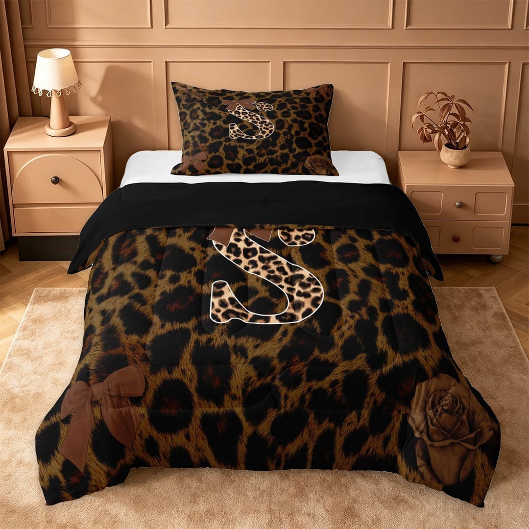 Erosebridal Leopard Print Twin Comforter Sets,Cheetah Pattern S Alphabet Bedding Set For Kids Girls,Black Reversible,2-Piece